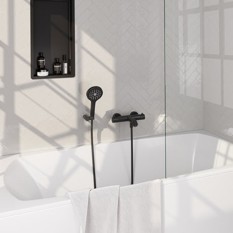 BRAUER Black Carving opbouw baddouche thermostaatkraan SET 04 met wandhouder en 3-standen handdouche en doucheslang mat zwart 5-S-085-4