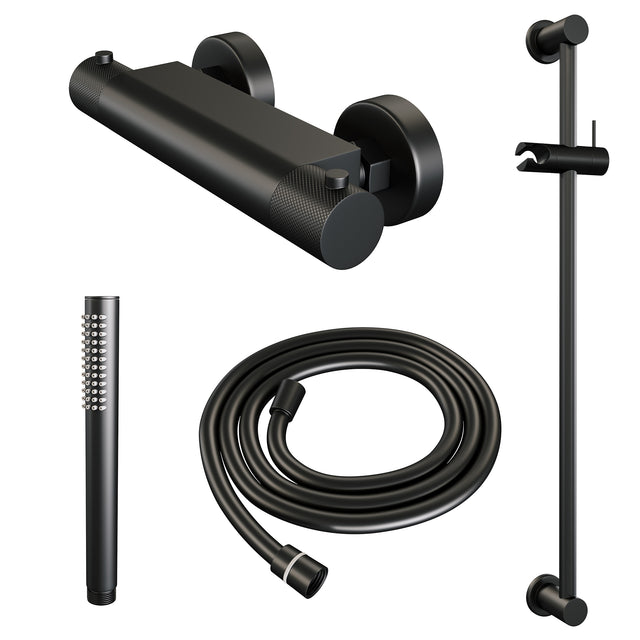 BRAUER Black Carving opbouw douche thermostaatkraan SET 01 met glijstang en staaf handdouche en doucheslang mat zwart 5-S-086-1