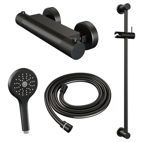 BRAUER Black Carving opbouw douche thermostaatkraan SET 02 met glijstang en 3-standen handdouche en doucheslang mat zwart 5-S-086-2