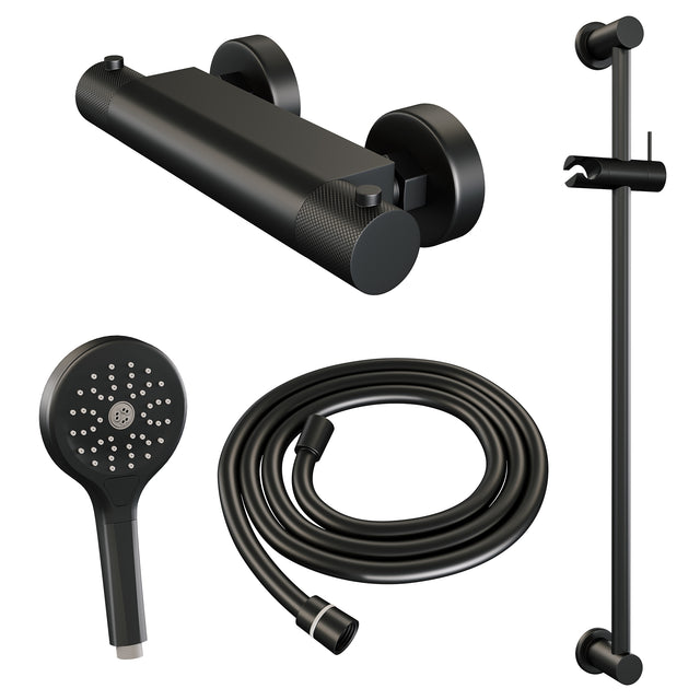BRAUER Black Carving opbouw douche thermostaatkraan SET 02 met glijstang en 3-standen handdouche en doucheslang mat zwart 5-S-086-2