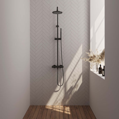 BRAUER Black Carving opbouw thermostatische regendouche SET 01 met 20 cm douchekop en staaf handdouche en doucheslang mat zwart 5-S-087-1