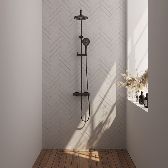 BRAUER Black Carving opbouw thermostatische regendouche SET 02 met 20 cm douchekop en 3-standen handdouche en doucheslang mat zwart 5-S-087-2