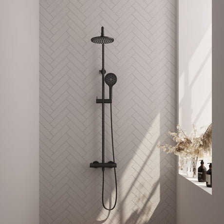 BRAUER Black Carving opbouw thermostatische regendouche SET 02 met 20 cm douchekop en 3-standen handdouche en doucheslang mat zwart 5-S-087-2