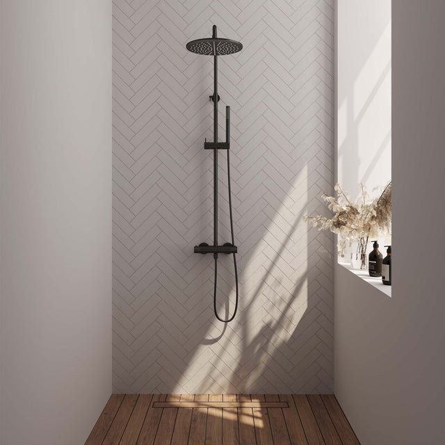 BRAUER Black Carving opbouw thermostatische regendouche SET 03 met 30 cm douchekop en staaf handdouche en doucheslang mat zwart 5-S-087-3