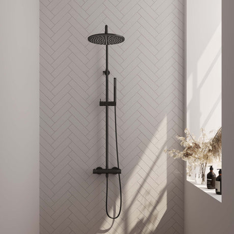 BRAUER Black Carving opbouw thermostatische regendouche SET 03 met 30 cm douchekop en staaf handdouche en doucheslang mat zwart 5-S-087-3