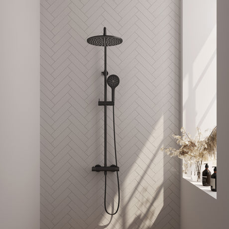 BRAUER Black Carving opbouw thermostatische regendouche SET 04 met 30 cm douchekop en 3-standen handdouche en doucheslang mat zwart 5-S-087-4