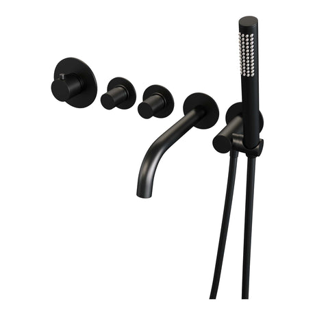 BRAUER Black Carving thermostatische inbouw badkraan SET 01 met uitloop en staaf handdouche en doucheslang en wandaansluitbocht mat zwart 5-S-093