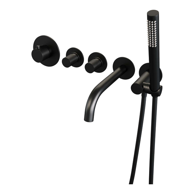 BRAUER Black Carving thermostatische inbouw badkraan SET 01 met uitloop en staaf handdouche en doucheslang en wandaansluitbocht mat zwart 5-S-093