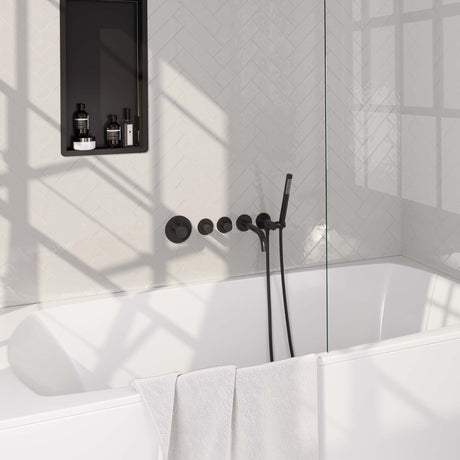 BRAUER Black Carving thermostatische inbouw badkraan SET 01 met uitloop en staaf handdouche en doucheslang en wandaansluitbocht mat zwart 5-S-093