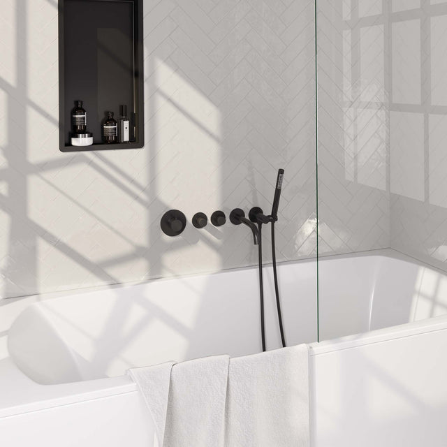 BRAUER Black Carving thermostatische inbouw badkraan SET 01 met uitloop en staaf handdouche en doucheslang en wandaansluitbocht mat zwart 5-S-093