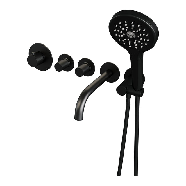 BRAUER Black Carving thermostatische inbouw badkraan SET 02 met uitloop en 3-standen handdouche en doucheslang en wandaansluitbocht mat zwart 5-S-094