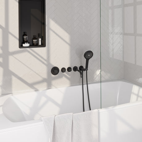 BRAUER Black Carving thermostatische inbouw badkraan SET 02 met uitloop en 3-standen handdouche en doucheslang en wandaansluitbocht mat zwart 5-S-094