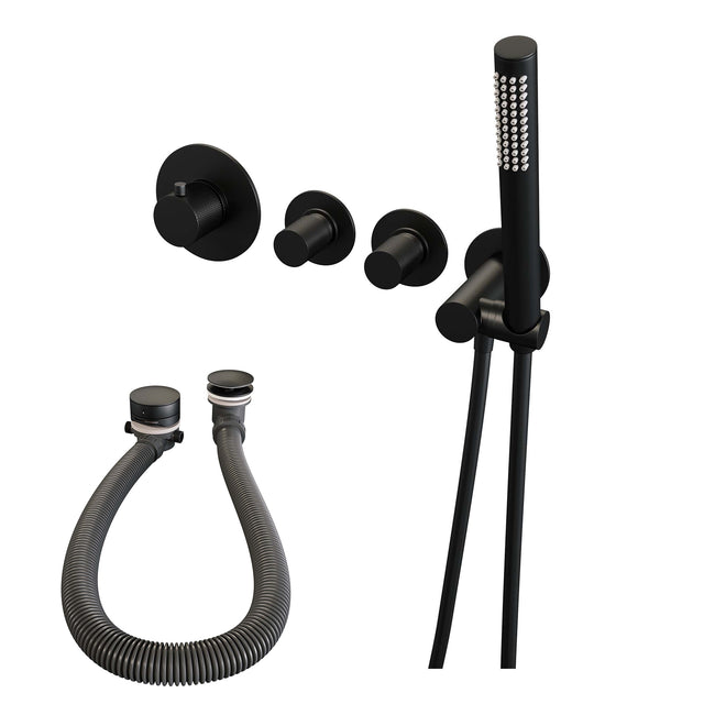 BRAUER Black Carving thermostatische inbouw badkraan SET 01 met badvulcombinatie en staaf handdouche en doucheslang en wandaansluitbocht mat zwart 5-S-095