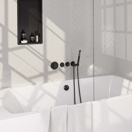 BRAUER Black Carving thermostatische inbouw badkraan SET 01 met badvulcombinatie en staaf handdouche en doucheslang en wandaansluitbocht mat zwart 5-S-095