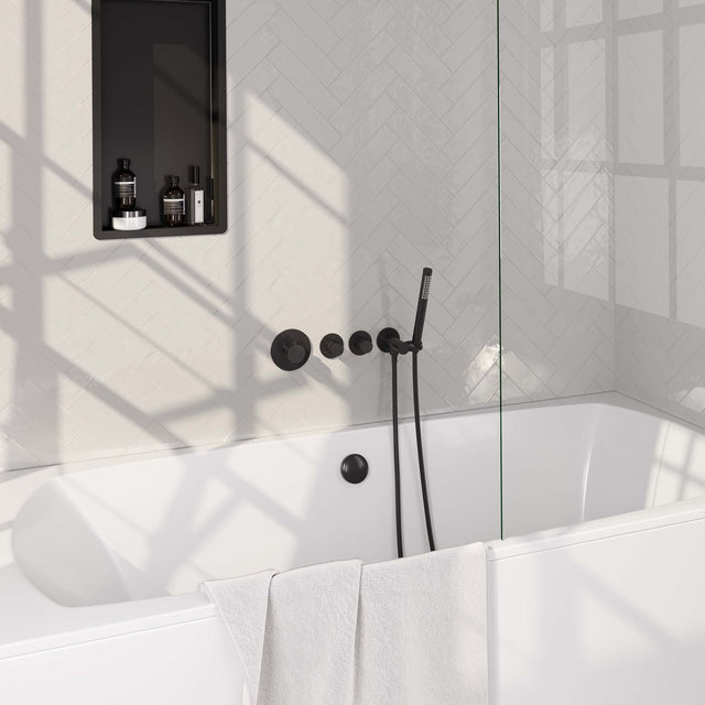 BRAUER Black Carving thermostatische inbouw badkraan SET 01 met badvulcombinatie en staaf handdouche en doucheslang en wandaansluitbocht mat zwart 5-S-095