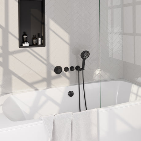 BRAUER Black Carving thermostatische inbouw badkraan SET 02 met badvulcombinatie en 3-standen handdouche en doucheslang en wandaansluitbocht mat zwart 5-S-096