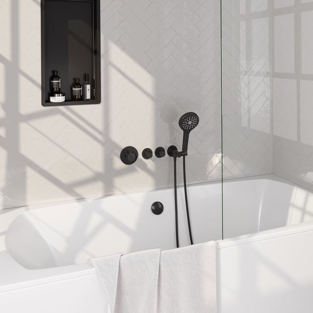 BRAUER Black Carving thermostatische inbouw badkraan SET 02 met badvulcombinatie en 3-standen handdouche en doucheslang en wandaansluitbocht mat zwart 5-S-096