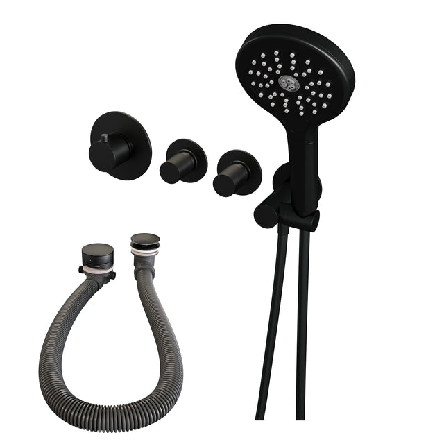 BRAUER Black Carving thermostatische inbouw badkraan SET 02 met badvulcombinatie en 3-standen handdouche en doucheslang en wandaansluitbocht mat zwart 5-S-096
