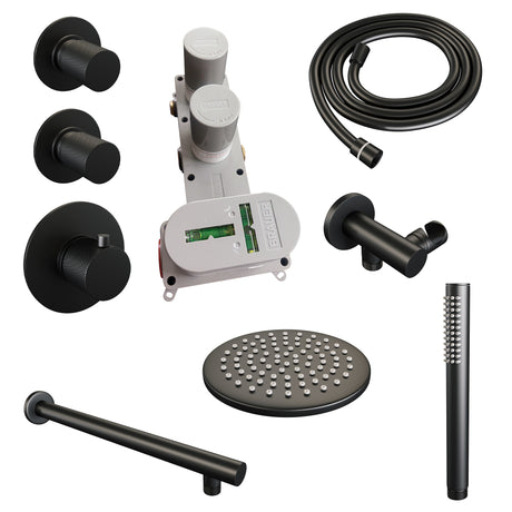 BRAUER Black Carving thermostatische inbouw regendouche SET 01 met 20 cm douchekop en rechte muurarm en staaf handdouche en doucheslang en wandaansluitbocht mat zwart 5-S-097