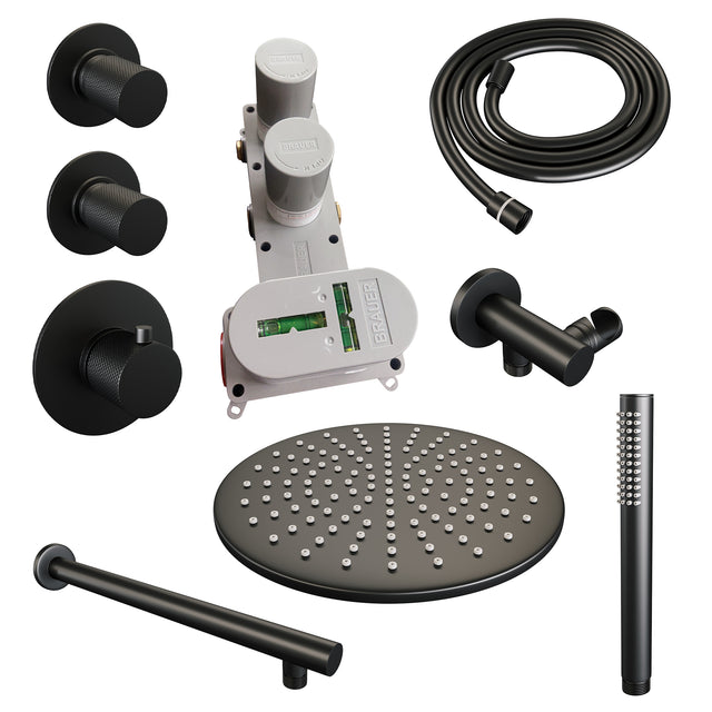 BRAUER Black Carving thermostatische inbouw regendouche SET 02 met 30 cm douchekop en rechte muurarm en staaf handdouche en doucheslang en wandaansluitbocht mat zwart 5-S-098