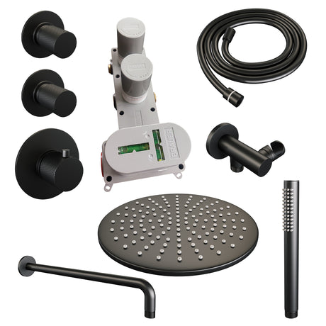 BRAUER Black Carving thermostatische inbouw regendouche SET 04 met 30 cm douchekop en gebogen muurarm en staaf handdouche en doucheslang en wandaansluitbocht mat zwart 5-S-100