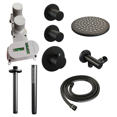 BRAUER Black Carving thermostatische inbouw regendouche SET 05 met 20 cm douchekop en plafondarm en staaf handdouche en doucheslang en wandaansluitbocht mat zwart 5-S-101