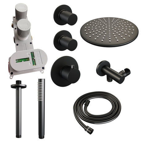 BRAUER Black Carving thermostatische inbouw regendouche SET 06 met 30 cm douchekop en plafondarm en staaf handdouche en doucheslang en wandaansluitbocht mat zwart 5-S-102