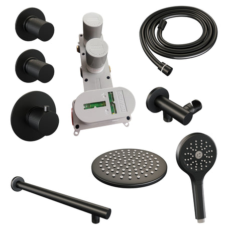 BRAUER Black Carving thermostatische inbouw regendouche SET 07 met 20 cm douchekop en rechte muurarm en 3-standen handdouche en doucheslang en wandaansluitbocht mat zwart 5-S-103