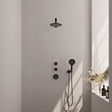 BRAUER Black Carving thermostatische inbouw regendouche SET 07 met 20 cm douchekop en rechte muurarm en 3-standen handdouche en doucheslang en wandaansluitbocht mat zwart 5-S-103