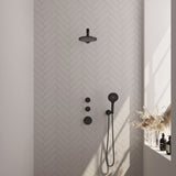 BRAUER Black Carving thermostatische inbouw regendouche SET 07 met 20 cm douchekop en rechte muurarm en 3-standen handdouche en doucheslang en wandaansluitbocht mat zwart 5-S-103