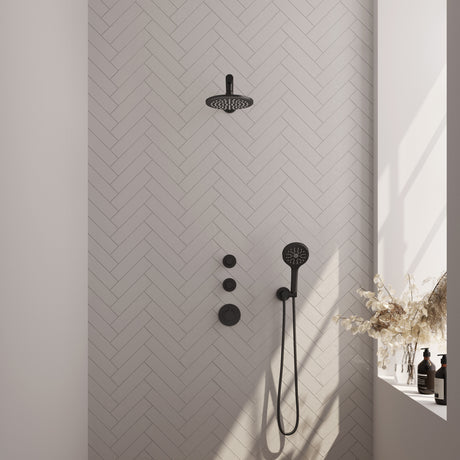 BRAUER Black Carving thermostatische inbouw regendouche SET 07 met 20 cm douchekop en rechte muurarm en 3-standen handdouche en doucheslang en wandaansluitbocht mat zwart 5-S-103