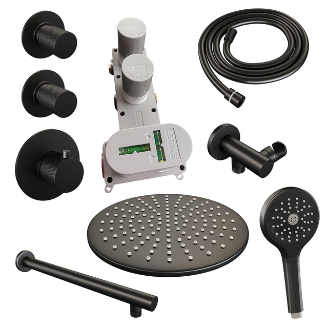 BRAUER Black Carving thermostatische inbouw regendouche SET 08 met 30 cm douchekop en rechte muurarm en 3-standen handdouche en doucheslang en wandaansluitbocht mat zwart 5-S-104