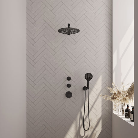 BRAUER Black Carving thermostatische inbouw regendouche SET 08 met 30 cm douchekop en rechte muurarm en 3-standen handdouche en doucheslang en wandaansluitbocht mat zwart 5-S-104