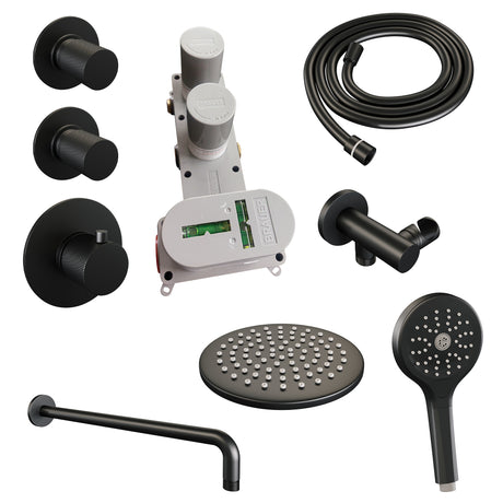 BRAUER Black Carving thermostatische inbouw regendouche SET 09 met 20 cm douchekop en gebogen muurarm en 3-standen handdouche en doucheslang en wandaansluitbocht mat zwart 5-S-105
