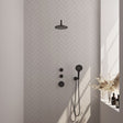 BRAUER Black Carving thermostatische inbouw regendouche SET 09 met 20 cm douchekop en gebogen muurarm en 3-standen handdouche en doucheslang en wandaansluitbocht mat zwart 5-S-105