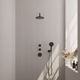 BRAUER Black Carving thermostatische inbouw regendouche SET 09 met 20 cm douchekop en gebogen muurarm en 3-standen handdouche en doucheslang en wandaansluitbocht mat zwart 5-S-105