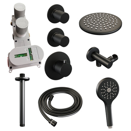 BRAUER Black Carving thermostatische inbouw regendouche SET 11 met 20 cm douchekop en plafondarm en 3-standen handdouche en doucheslang en wandaansluitbocht mat zwart 5-S-107