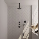 BRAUER Black Carving thermostatische inbouw regendouche SET 11 met 20 cm douchekop en plafondarm en 3-standen handdouche en doucheslang en wandaansluitbocht mat zwart 5-S-107