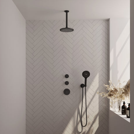 BRAUER Black Carving thermostatische inbouw regendouche SET 11 met 20 cm douchekop en plafondarm en 3-standen handdouche en doucheslang en wandaansluitbocht mat zwart 5-S-107