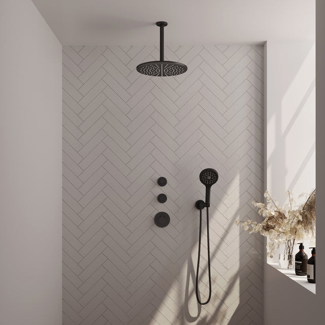 BRAUER Black Carving thermostatische inbouw regendouche SET 12 met 30 cm douchekop en plafondarm en 3-standen handdouche en doucheslang en wandaansluitbocht mat zwart 5-S-108