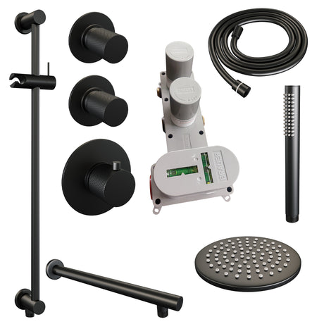 BRAUER Black Carving thermostatische inbouw regendouche SET 13 met 20 cm douchekop en rechte muurarm en staaf handdouche en doucheslang en geÃ¯ntegreerde glijstang mat zwart 5-S-109