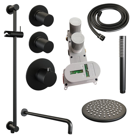 BRAUER Black Carving thermostatische inbouw regendouche SET 15 met 20 cm douchekop en gebogen muurarm en staaf handdouche en doucheslang en geÃ¯ntegreerde glijstang mat zwart 5-S-111