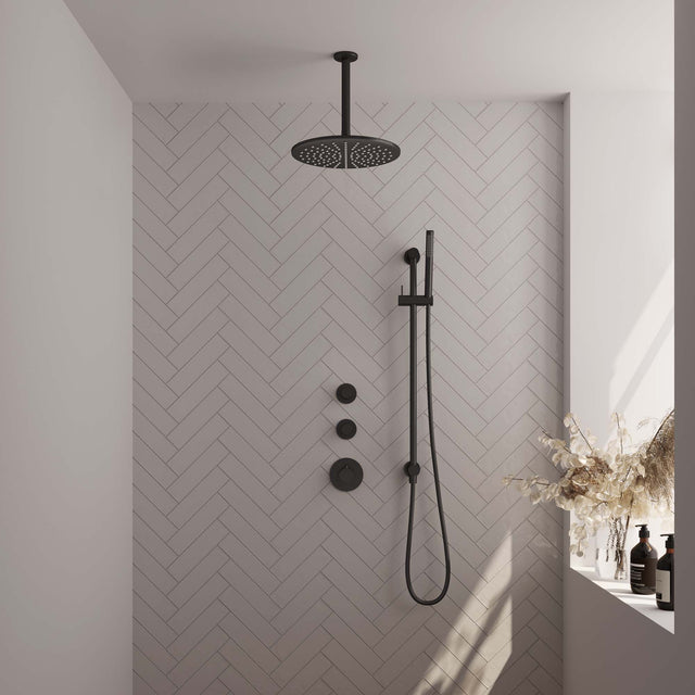 BRAUER Black Carving thermostatische inbouw regendouche SET 18 met 30 cm douchekop en plafondarm en staaf handdouche en doucheslang en geÃ¯ntegreerde glijstang mat zwart 5-S-114