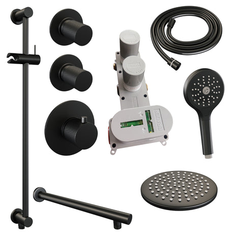 BRAUER Black Carving thermostatische inbouw regendouche SET 19 met 20 cm douchekop en rechte muurarm en 3-standen handdouche en doucheslang en geÃ¯ntegreerde glijstang mat zwart 5-S-115