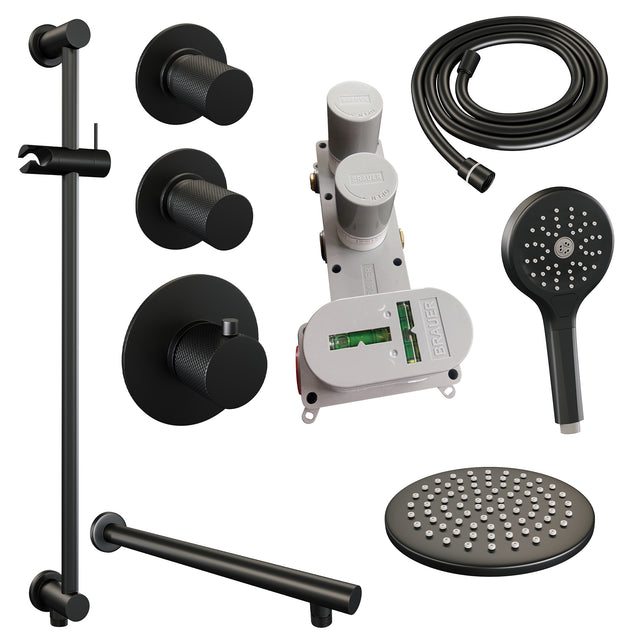 BRAUER Black Carving thermostatische inbouw regendouche SET 19 met 20 cm douchekop en rechte muurarm en 3-standen handdouche en doucheslang en geÃ¯ntegreerde glijstang mat zwart 5-S-115