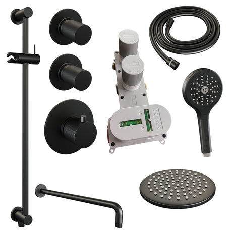 BRAUER Black Carving thermostatische inbouw regendouche SET 21 met 20 cm douchekop en gebogen muurarm en 3-standen handdouche en doucheslang en geÃ¯ntegreerde glijstang mat zwart 5-S-117