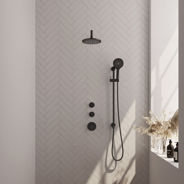 BRAUER Black Carving thermostatische inbouw regendouche SET 21 met 20 cm douchekop en gebogen muurarm en 3-standen handdouche en doucheslang en geÃ¯ntegreerde glijstang mat zwart 5-S-117