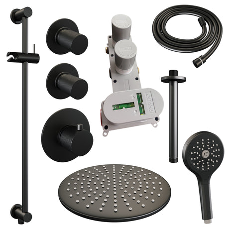 BRAUER Black Carving thermostatische inbouw regendouche SET 24 met 30 cm douchekop en plafondarm en 3-standen handdouche en doucheslang en geÃ¯ntegreerde glijstang mat zwart 5-S-120