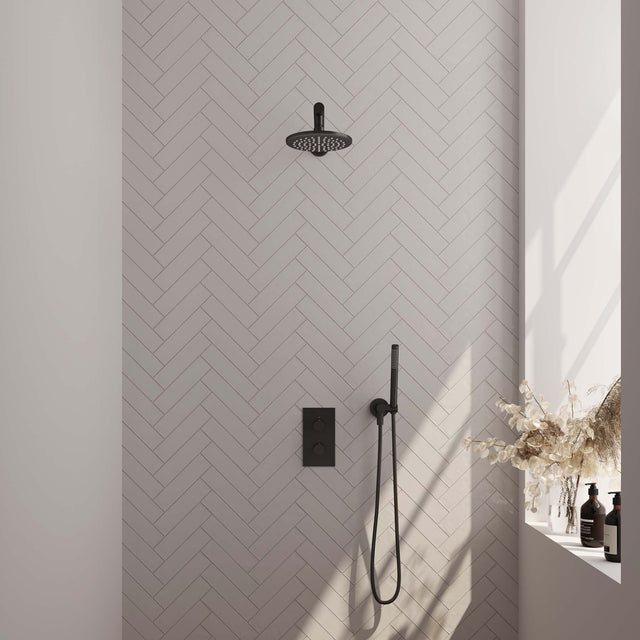 BRAUER Black Carving thermostatische inbouw regendouche 3-weg omstelling SET 25 met 20 cm douchekop en rechte muurarm en staaf handdouche en doucheslang en wandaansluitbocht mat zwart 5-S-121
