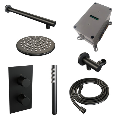 BRAUER Black Carving thermostatische inbouw regendouche 3-weg omstelling SET 25 met 20 cm douchekop en rechte muurarm en staaf handdouche en doucheslang en wandaansluitbocht mat zwart 5-S-121